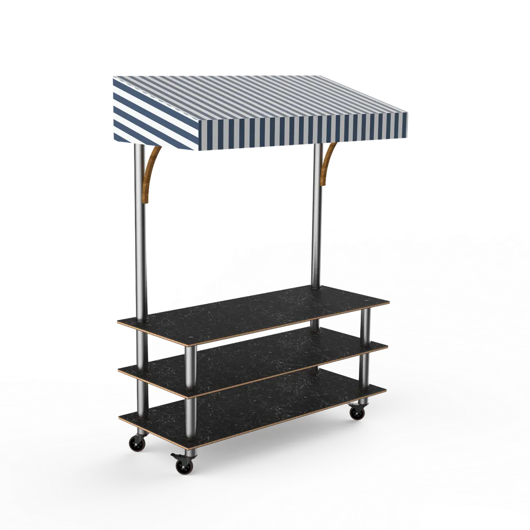 Steelite MGCMLB10MSWW Modular Classic Canopy Buffet Table, 71" Wide, 29.5" Deep, 96" High, Marble Black Finish, Stainless Steel Frame, White/Blue Canopy, On Casters