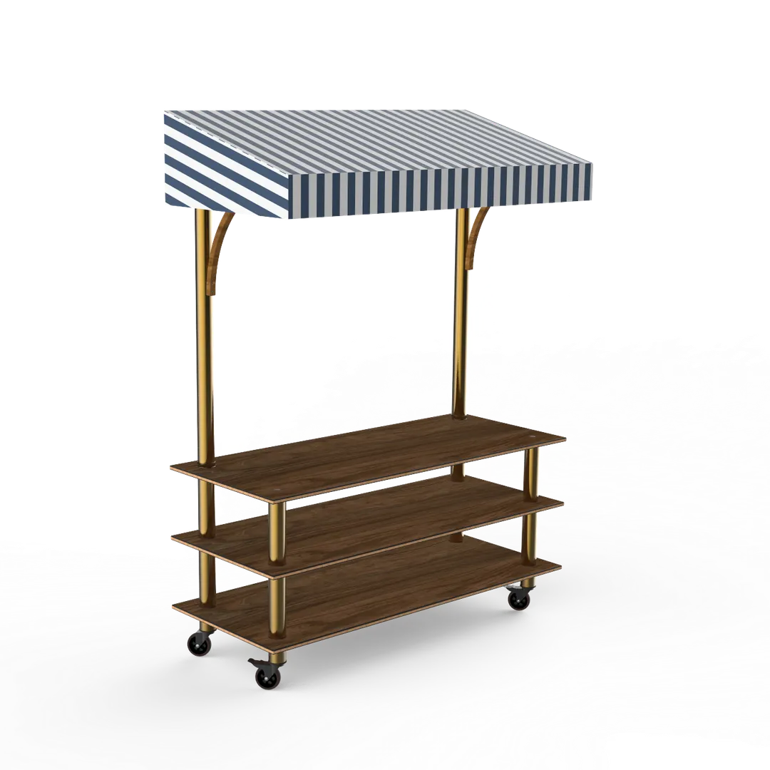 Steelite MGCMLB10WBWW Modular Classic Canopy Buffet Table, 71"W x 29.5"D x 96"H, Bengali Mango Wood, Brushed Brass, White/Blue Canopy