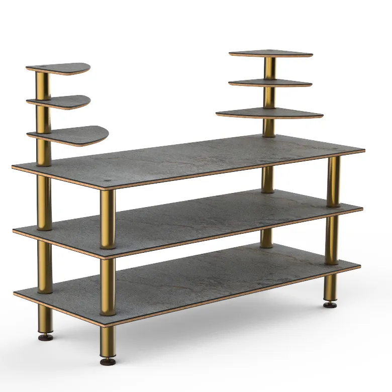 Steelite MGCMLB11GBXF 71" Configurable Buffet Table, 3-Tier, Grey Slate BHP Laminate Top, Brushed Brass Legs