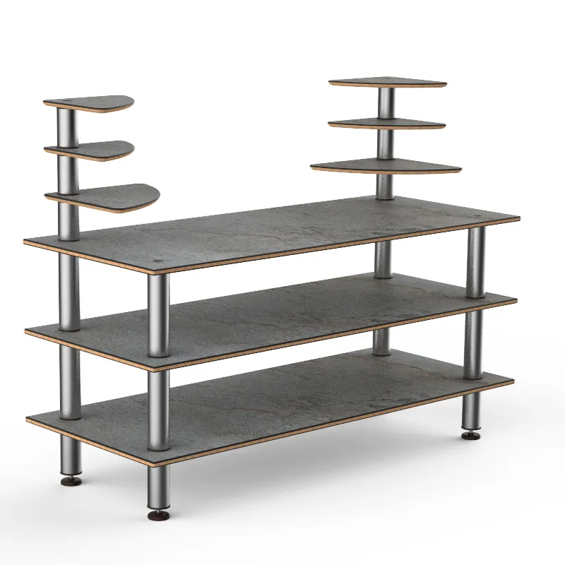 Steelite MGCMLB11GSXF 71" Configurable Buffet Table, 3-Tier, Grey Slate BHP Laminate Top, Brushed Stainless Steel Legs