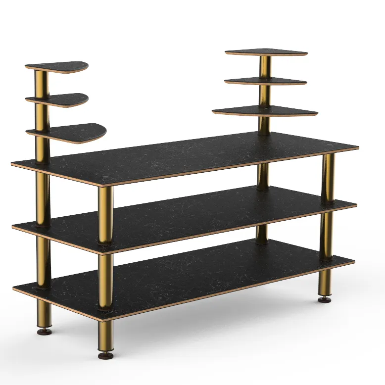 Steelite MGCMLB11MBXF 71" Buffet Table, 3-Tier, Nero Marquina BHP Laminate, Brushed Brass Legs