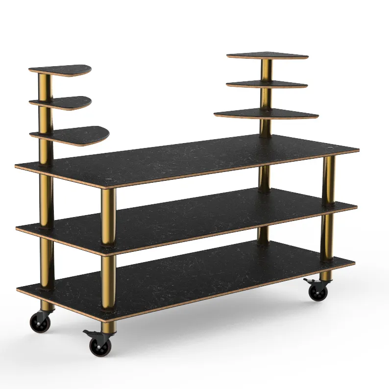 Steelite MGCMLB11MBXW 71" Configurable Buffet Table, 3-Tier, Nero Marquina BHP Laminate, Brushed Brass Casters