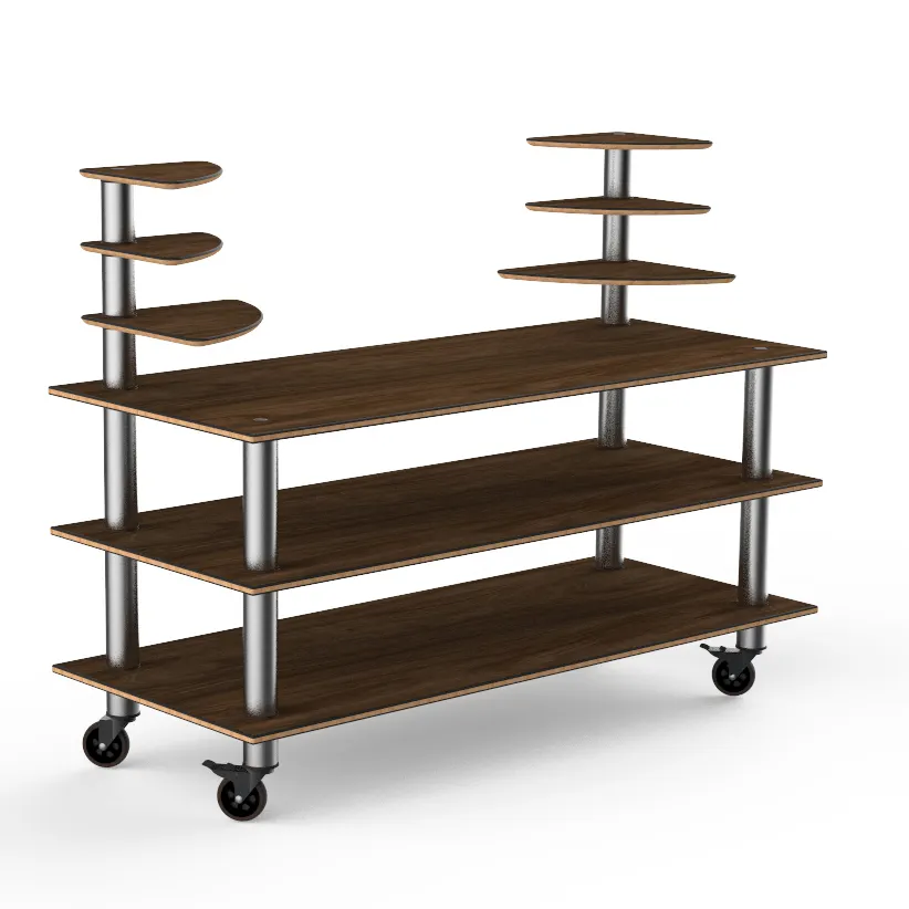 Steelite MGCMLB11WSXW 71" Configurable Buffet Table, 3-Tier, 54"H, Bengali Mango Wood Top, Brushed Stainless Steel