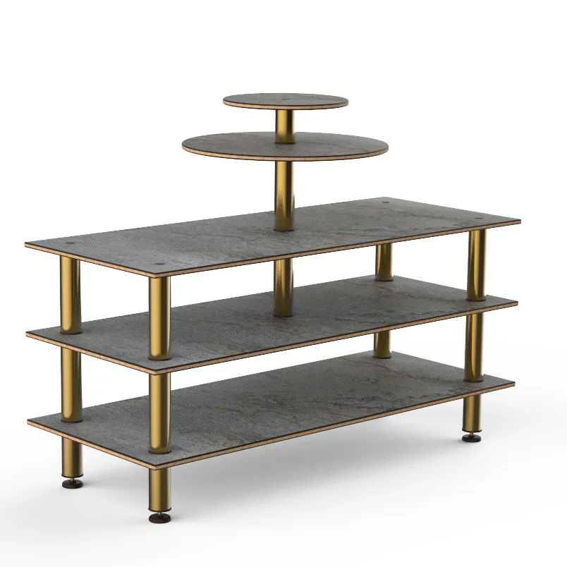 Steelite MGCMLB12GBXF 75" Buffet Table, 3-Tier, Grey Slate BHP Laminate, Brushed Brass, 53-1/2"H