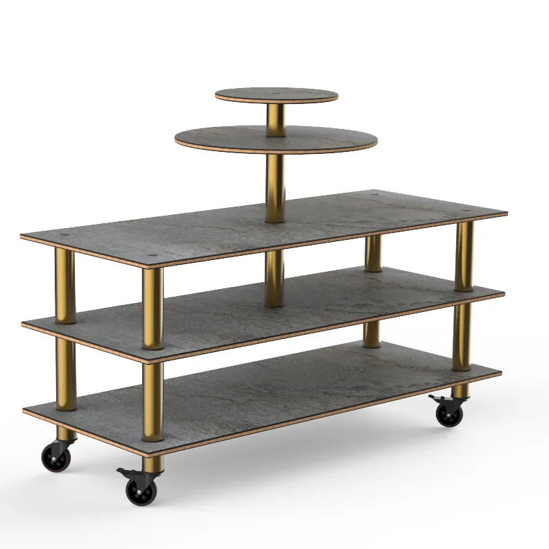 Steelite MGCMLB12GBXW 75" Configurable Buffet Table, 3-Tier, Grey Slate BHP Laminate Top, Brushed Brass Casters