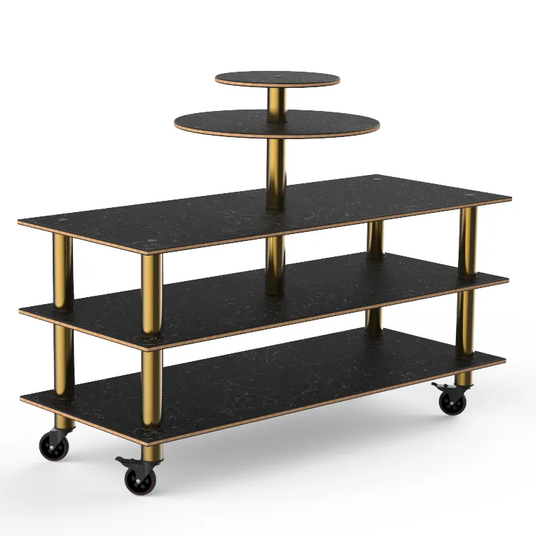 Steelite MGCMLB12MBXW 75" Configurable Buffet Table, 3-Tier, Nero Marquina Marble BHP Laminate Top, Brushed Brass Casters
