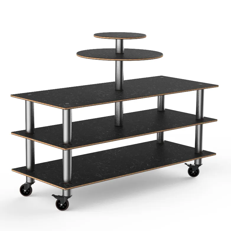 Steelite MGCMLB12MSXW 75" Configurable Buffet Table, 3-Tier, Nero Marquina Marble BHP Laminate, Brushed Stainless Steel