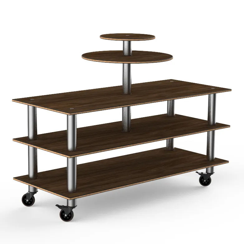 Steelite MGCMLB12WSXW 75" Configurable Buffet Table, 3-Tier, Bengali Mango Wood Top, Brushed Stainless Steel