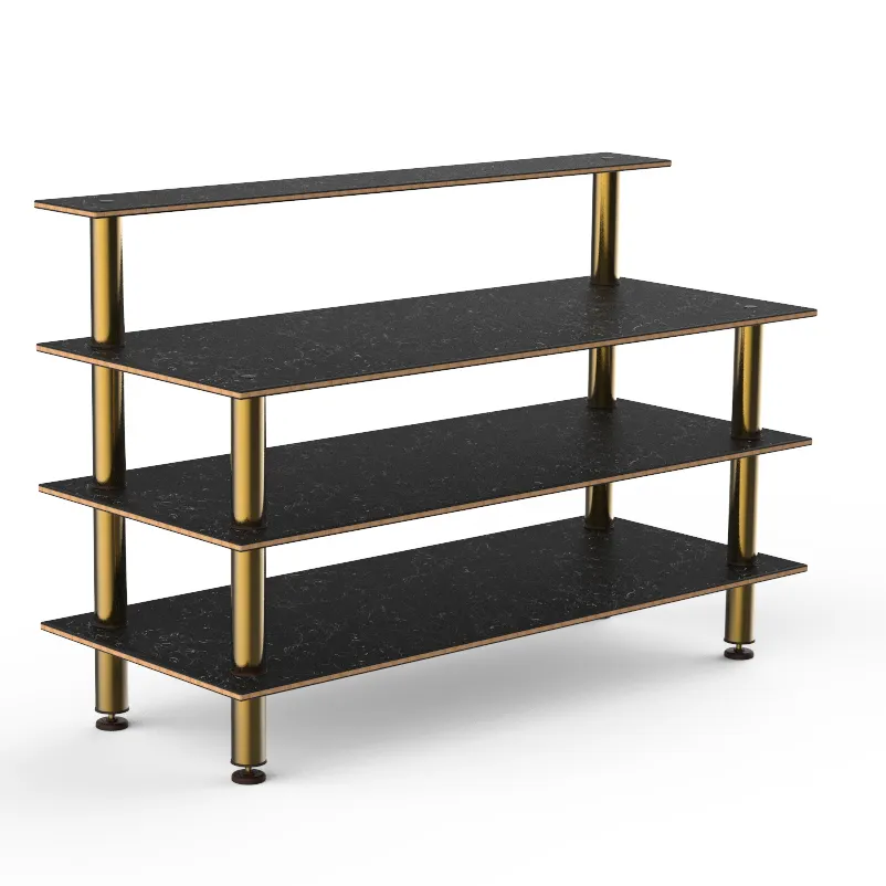 Steelite MGCMLB13MBXF 71" Configurable Buffet Table, 3-Tier, Nero Marquina Marble BHP Laminate Top, Brushed Brass Legs