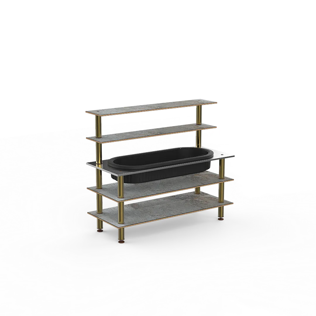 Steelite MGCMLC01GBXF 71" Modular Back Bar Station, 3-Tier, Grey Slate BHP Laminate Top, Brushed Brass Legs