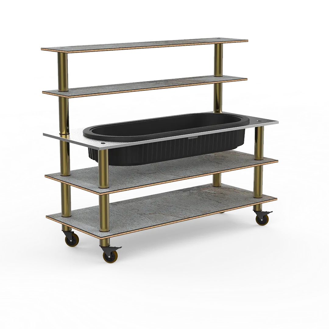 Steelite MGCMLC01GBXW 71" Modular Buffet Back Bar Station, 3-Tier, Grey Slate BHP Laminate Top, Brushed Brass Casters