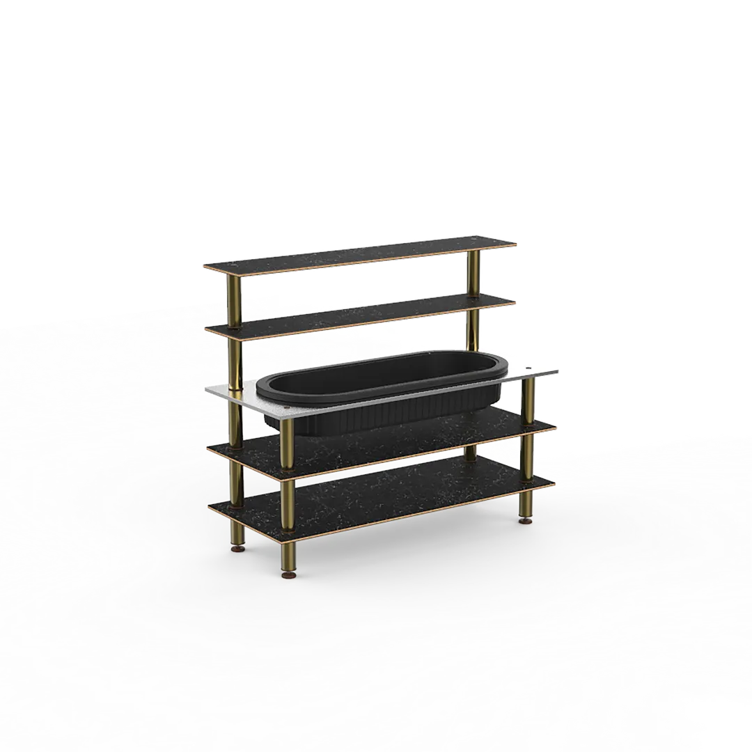 Steelite MGCMLC01MBXF 71" Configurable Buffet Table, 3-Tier, Nero Marquina Marble BHP Laminate Top, Brushed Brass Legs