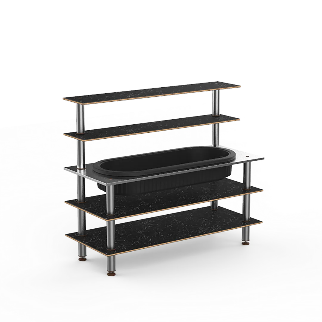 Steelite MGCMLC01MSXF 71" Modular Back Bar Station, 3-Tier, Nero Marquina Marble BHP Laminate Top, Brushed Stainless Steel Legs