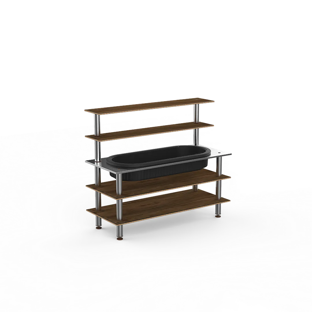 Steelite MGCMLC01WSXF 71" Configurable Buffet Table, 3-Tier, Laminated Wood Top, Brushed Stainless Steel Legs