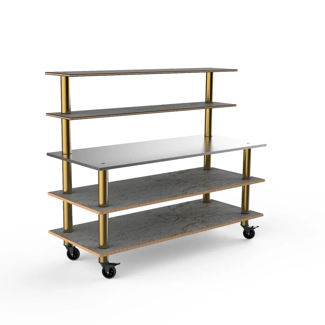 Steelite MGCMLC02GBXW 71" Modular Back Bar Station, 3-Tier, Stainless Steel, Grey Slate BHP Laminate, Brushed Brass Legs