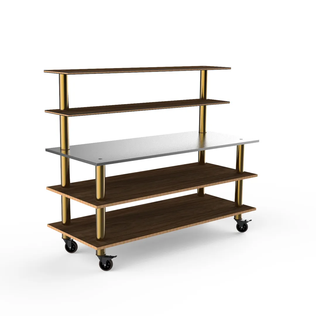 Steelite MGCMLC02WBXW 71" Modular Back Bar Station, 3-Tier, Stainless Steel, Bengali Mango Wood Top, Brushed Brass Legs