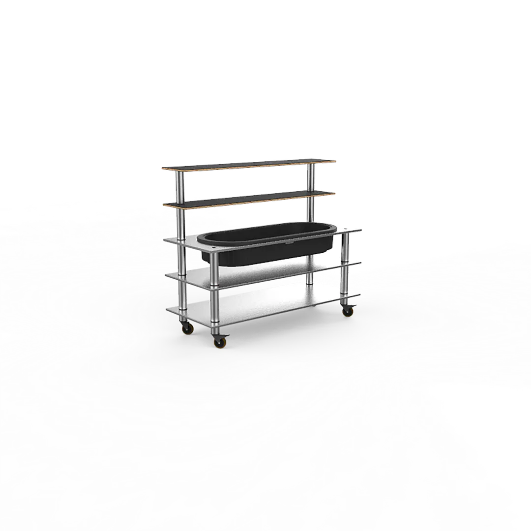 Steelite MGCMLC03MSXW 71" Configurable Buffet Table, 5-Tier, Nero Marquina Marble BHP Laminate, Stainless Steel, Brushed Casters