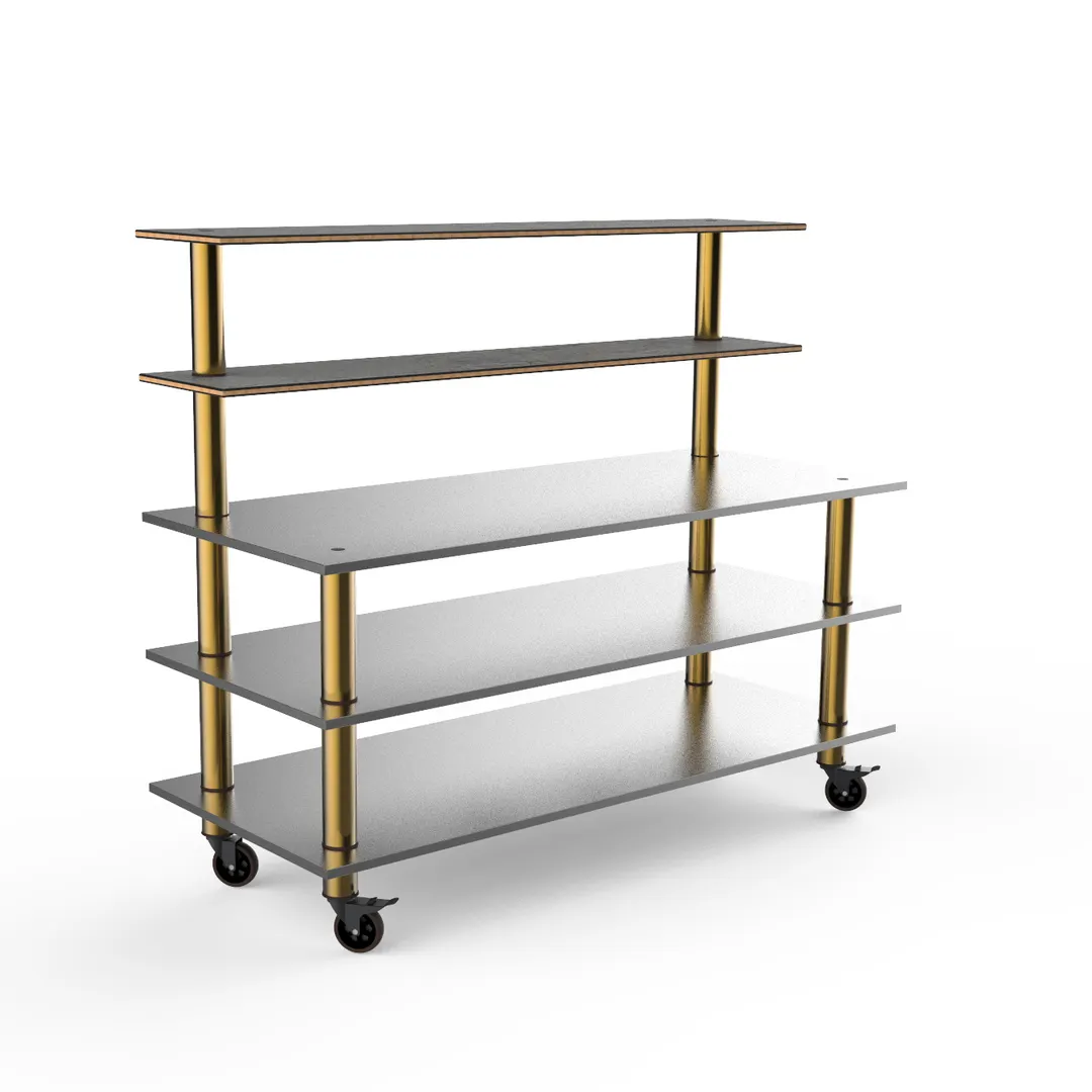 Steelite MGCMLC04GBXW 71" Modular Buffet Table, 5-Tier, Stainless Steel, Grey Slate Laminate, Brushed Brass Casters