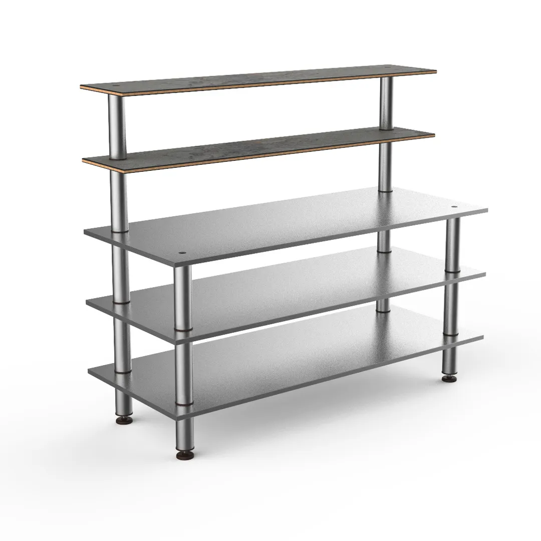 Steelite MGCMLC04GSXF 71" Modular Buffet Table, 5-Tier, Stainless Steel Top, Grey Slate Laminate, Brushed Stainless Steel Legs