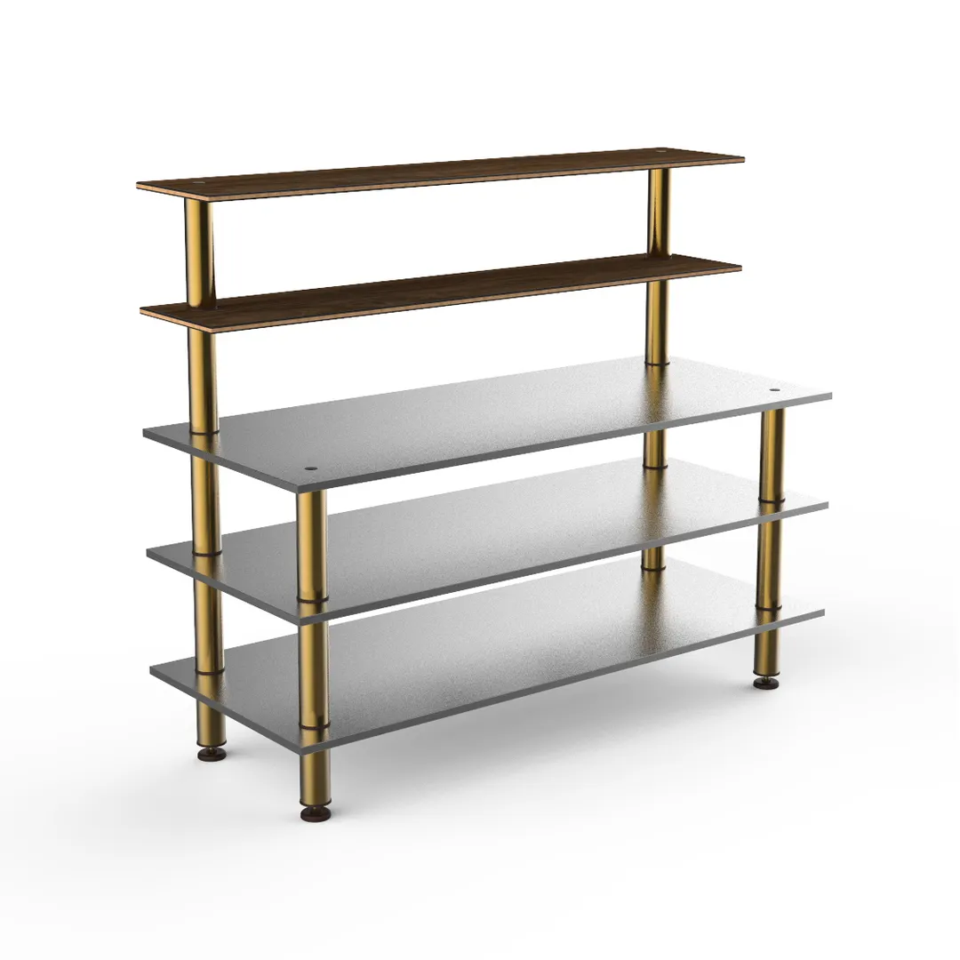 Steelite MGCMLC04WBXF 71" Modular Buffet Table, 5-Tier, Stainless Steel, Bamboo Core Laminate, Brushed Brass Legs