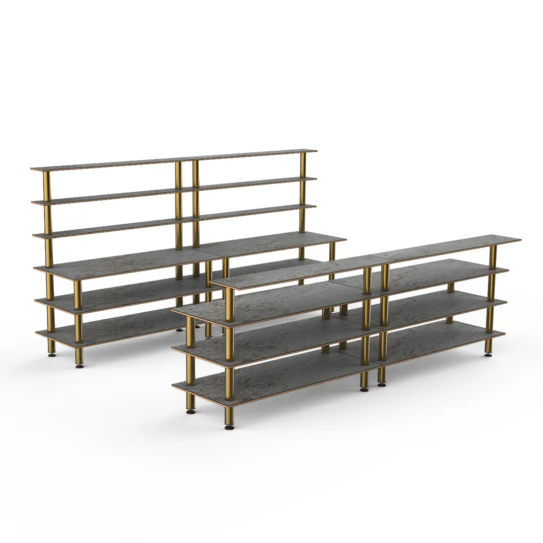 Steelite MGCMLC11GBXF 142" Modular Double Bar Buffet Table, Grey Slate BHP Laminate Top, Brushed Brass Legs, 73"H