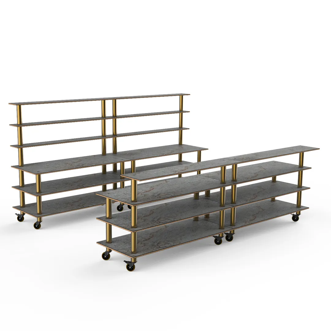 Steelite MGCMLC11GBXW 142" Modular Double Bar Buffet Table, Grey Slate BHP Laminate, Bamboo Core, Brushed Brass Casters