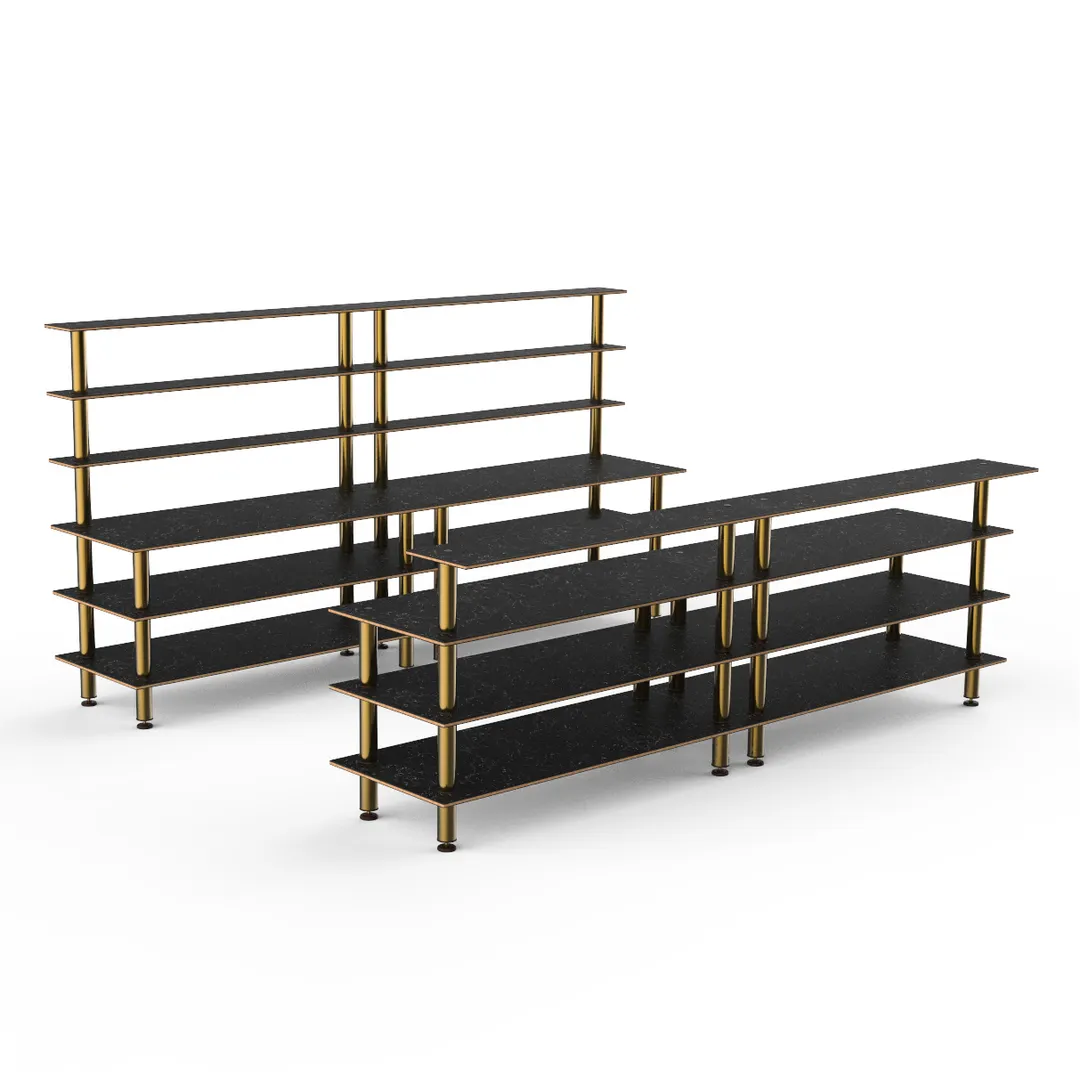 Steelite MGCMLC11MBXF 142" Modular Double Bar Buffet Table, Nero Marquina Marble BHP Laminate, Brushed Brass Legs, 73"H
