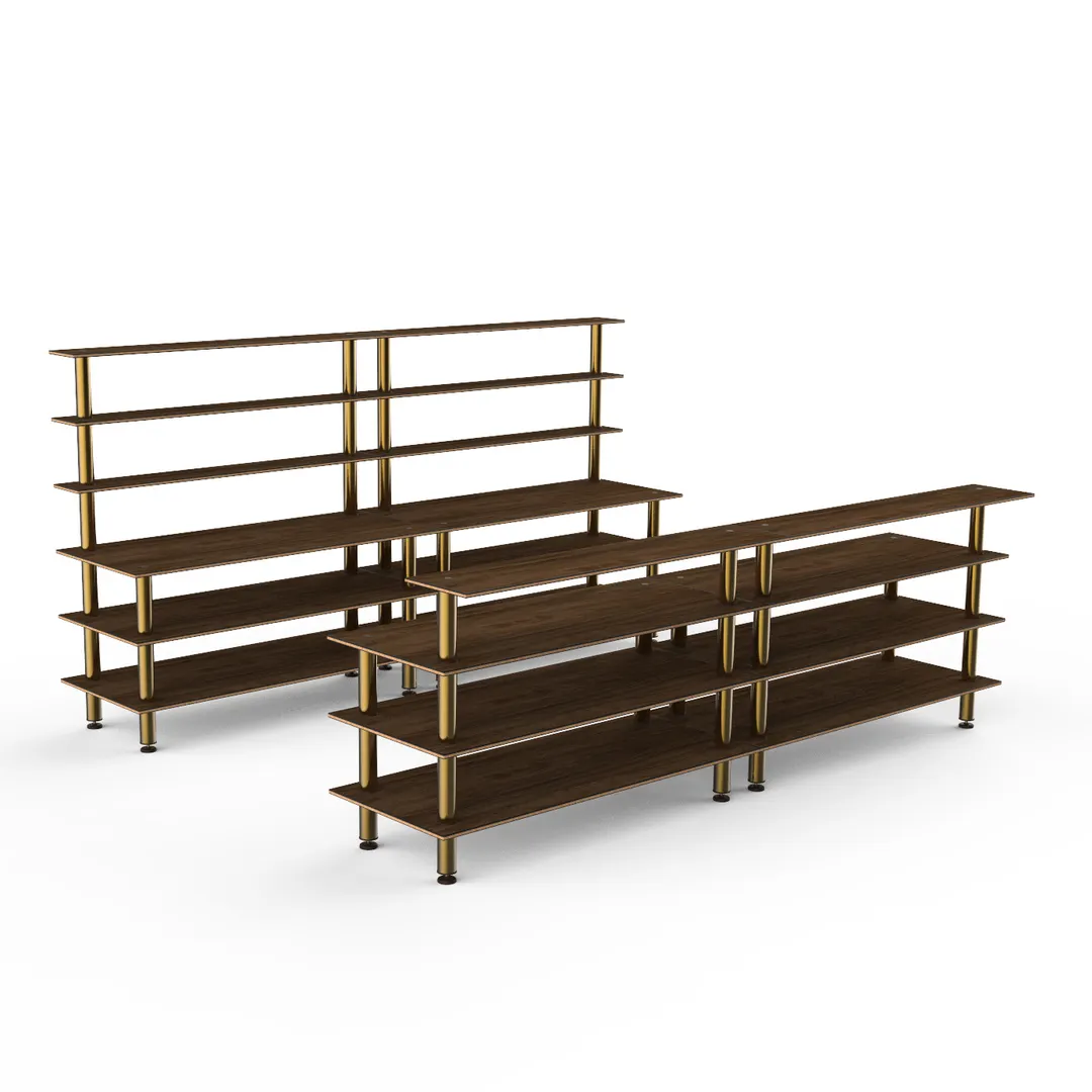 Steelite MGCMLC11WBXF 142" Modular Double Bar Buffet Table, Bengali Mango Wood BHP Laminate Top, Brushed Brass Legs