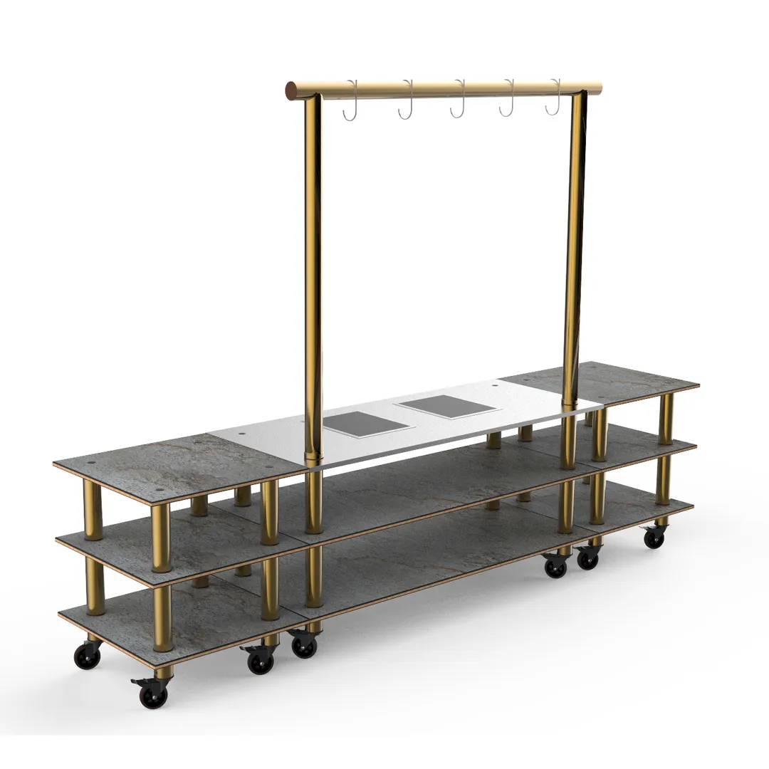 Steelite MGCMLD02GBXW 130" Configurable Buffet Table, 3-Tier, Grey Slate BHP Laminate, Brushed Brass Casters