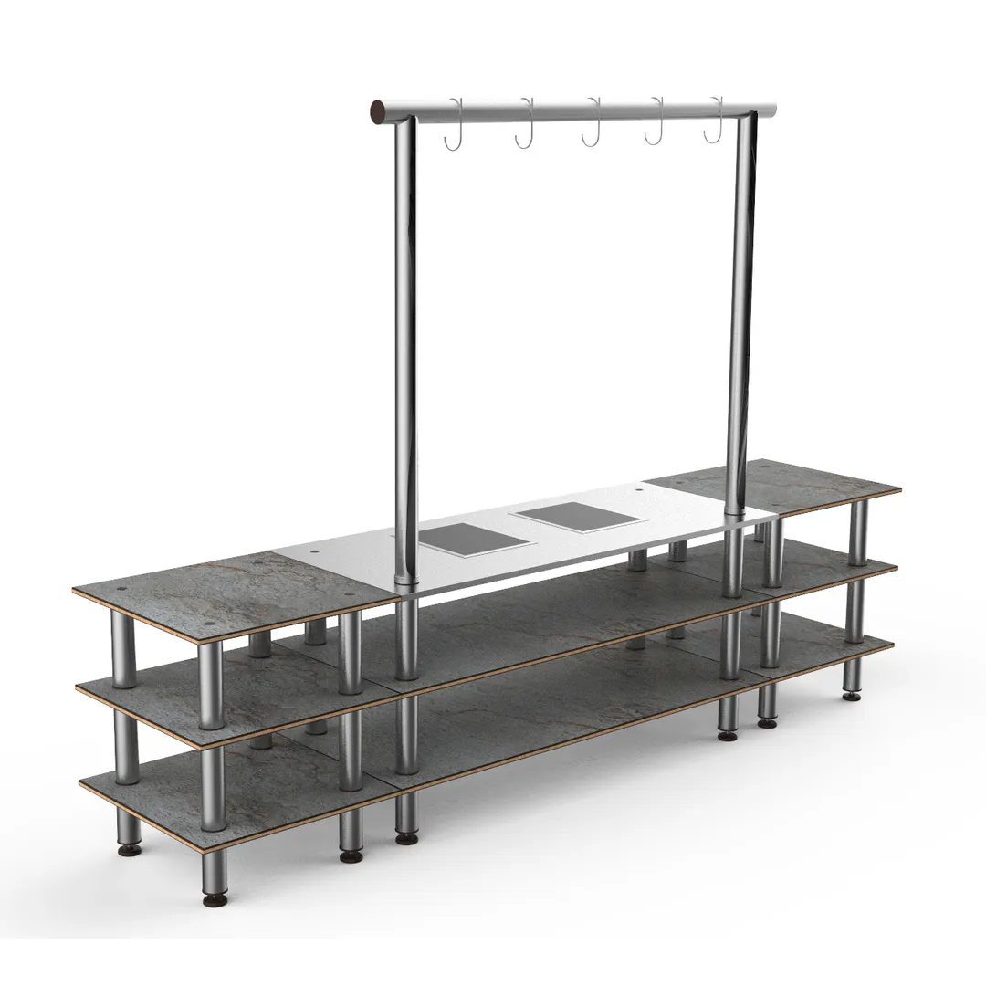 Steelite MGCMLD02GSXF 130" Configurable Buffet Table, 3-Tier, Grey Slate Laminate, Brushed Stainless Steel