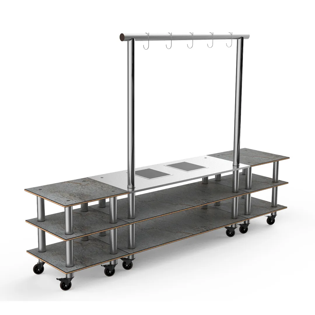 Steelite MGCMLD02GSXW 130" Configurable Buffet Table, 3-Tier, Grey Slate Laminate Top, Brushed Stainless Steel