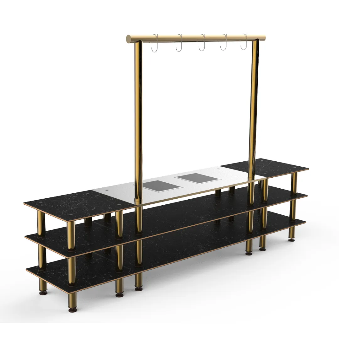 Steelite MGCMLD02MBXF 130" Configurable Buffet Table, 3-Tier, Nero Marquina Marble BHP Laminate, Brushed Brass