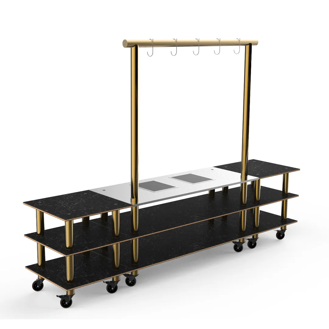 Steelite MGCMLD02MBXW 130" Configurable Buffet Table, Nero Marquina Marble BHP Laminate, 96"H, Brushed Brass