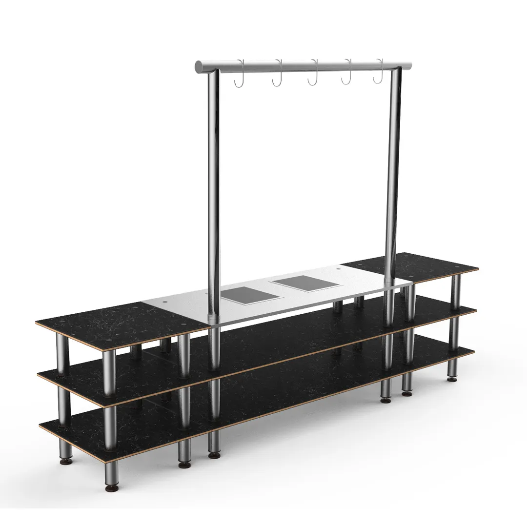 Steelite MGCMLD02MSXF 130" Configurable Buffet Table, 3-Tier, Nero Marquina Marble BHP Laminate Top, Brushed Stainless