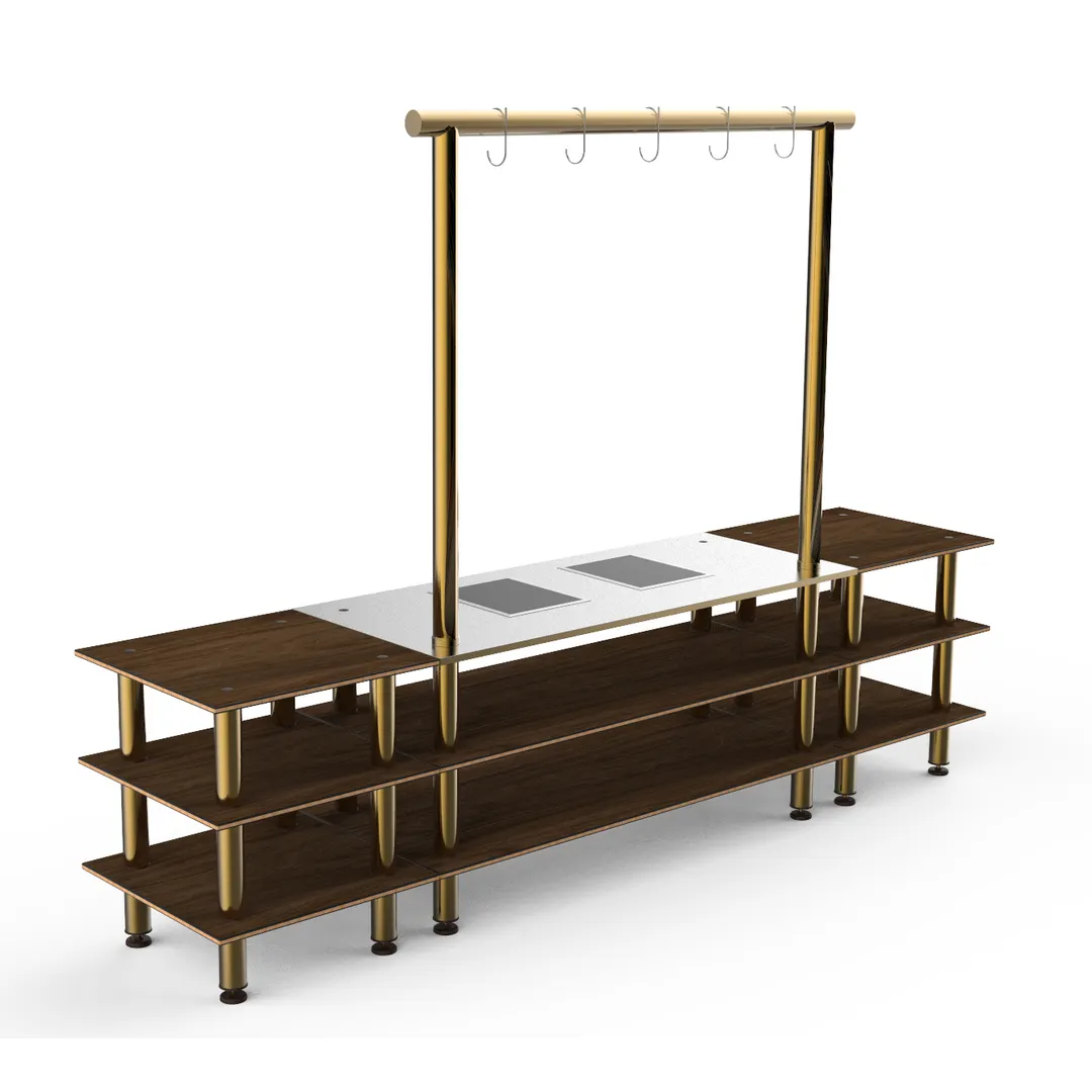 Steelite MGCMLD02WBXF 130" Configurable Buffet Table, 3-Tier, Drop-In, Double Well, Bengali Mango Wood Top, Brushed Brass Legs