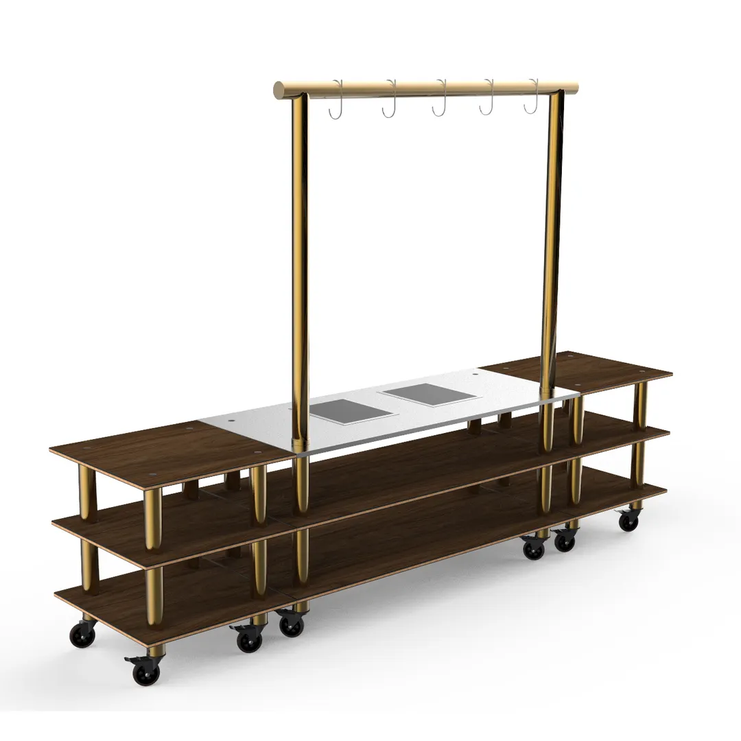 Steelite MGCMLD02WBXW 130" Configurable Buffet Table, 3-Tier, Drop-In, Double Well, Bengali Mango Wood BHP Top