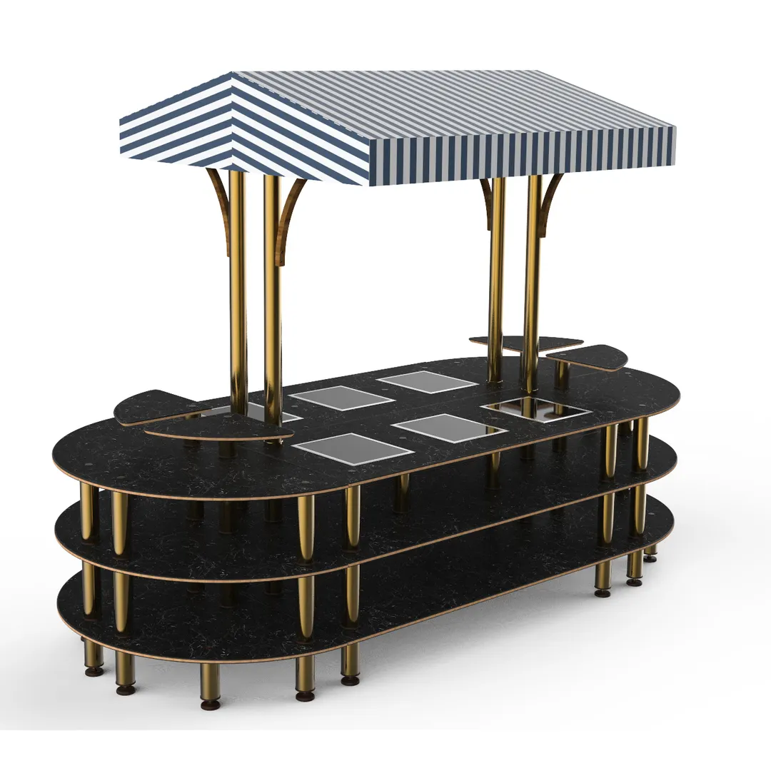 Steelite MGCMLD03MBWF 130" Configurable Buffet Table, 3-Tier, 6 Well, Nero Marquina Marble BHP Top, White/Blue Canopy