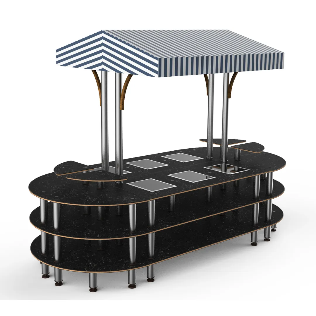Steelite MGCMLD03MSWF 130" Configurable Buffet Table, 3-Tier, 6 Well, Nero Marquina Marble BHP Top, White/Blue Canopy