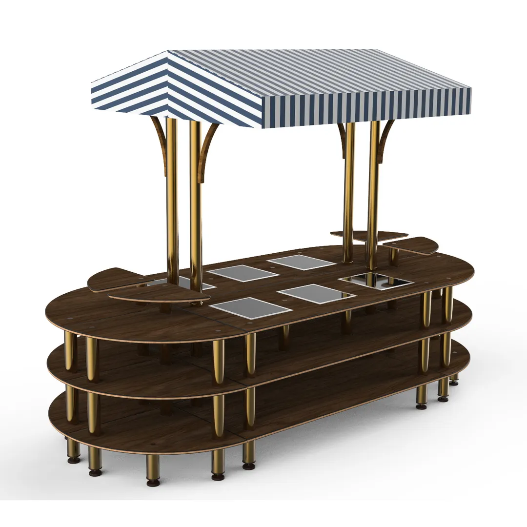 Steelite MGCMLD03WBWF 130" Configurable Buffet Table, 3-Tier, 6 Well, Bengali Mango Wood Top, White/Blue Canopy