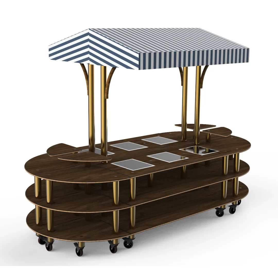 Steelite MGCMLD03WBWW 130" Configurable Buffet Table, 3-Tier, 6 Well, Bengali Mango Wood Top, White/Blue Canopy