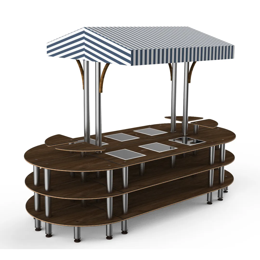 Steelite MGCMLD03WSWF 130" Configurable Buffet Table, 3-Tier, 6 Well, Bengali Mango Wood Top, White/Blue Canopy