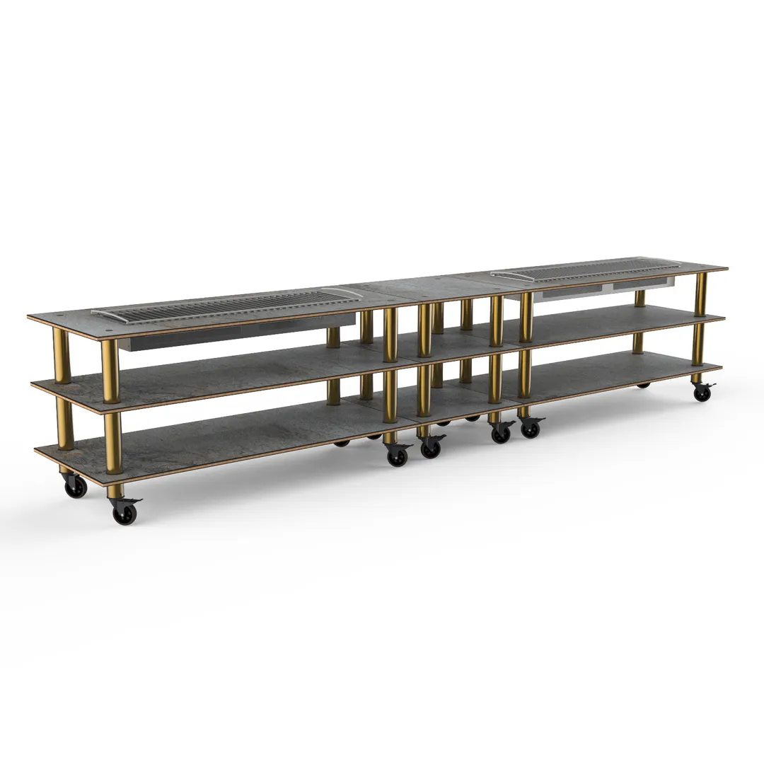 Steelite MGCMLD04GBXW 171" Configurable Buffet Table, 3-Tier, Double Well, Grey Slate BHP Laminate Top, Black Canopy, Brushed Brass Casters
