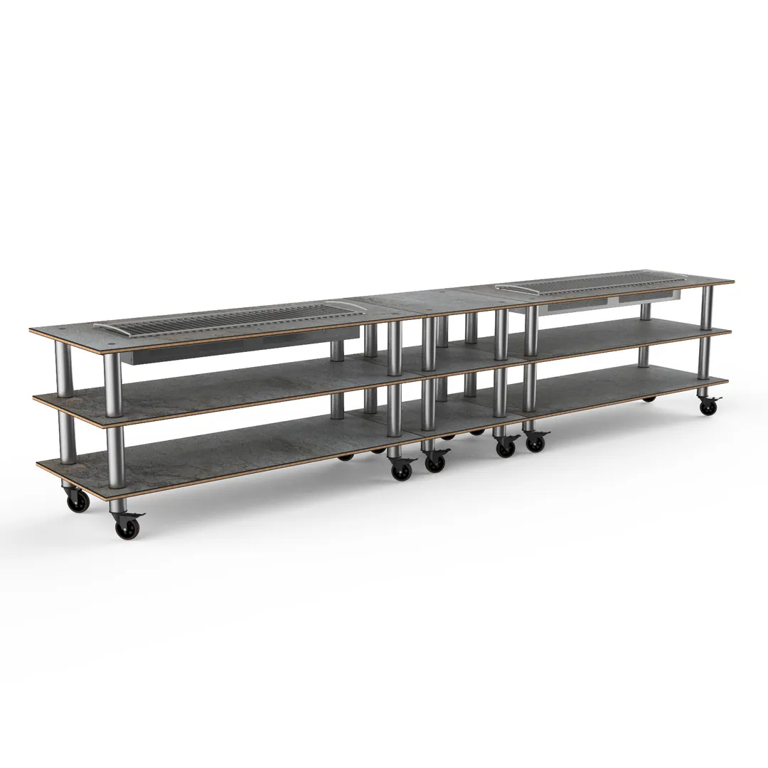 Steelite MGCMLD04GSXW 171" Configurable Buffet Table, 3-Tier, Double Well, Grey Slate Laminate Top, Black Canopy, Brushed Stainless Steel Casters