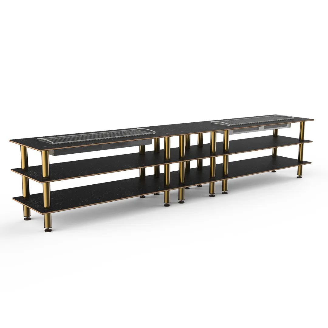 Steelite MGCMLD04MBXF 171"W x 29"D x 36"H 3-Tier Double Heat Buffet Table, Nero Marquina BHP Laminate, Brushed Brass Legs