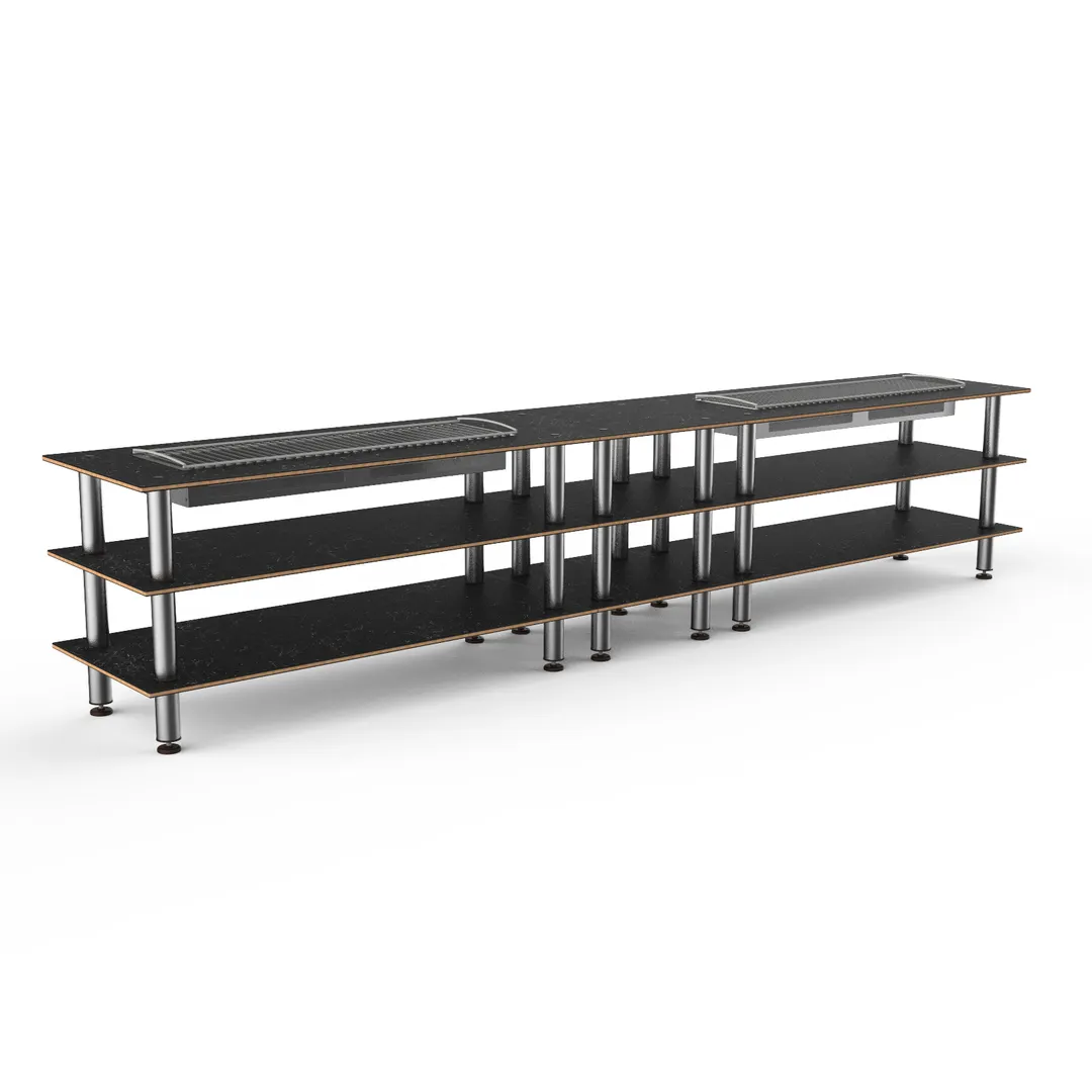 Steelite MGCMLD04MSXF 171" Modular Buffet Table, 3-Tier, Double Well, Nero Marquina BHP Laminate, Brushed Stainless Steel