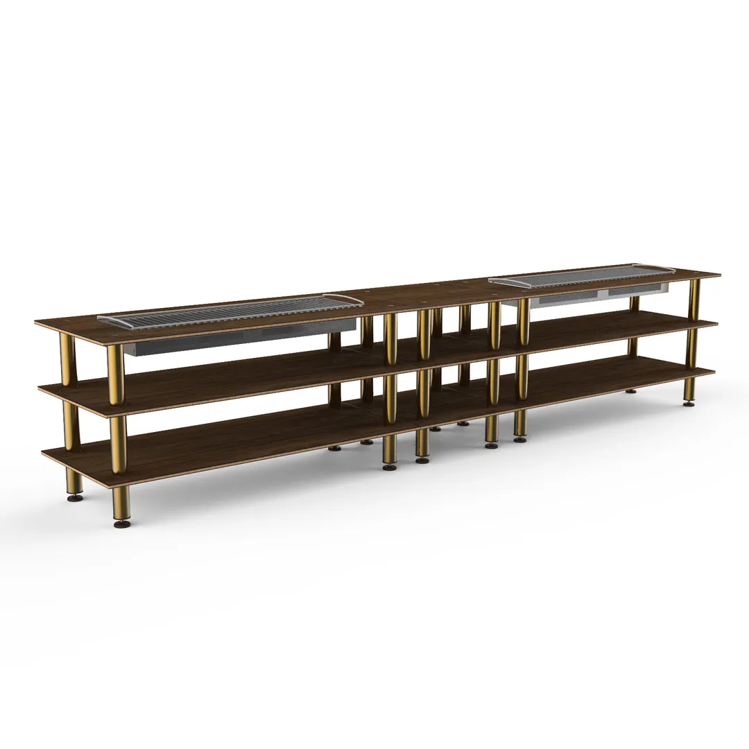 Steelite MGCMLD04WBXF 171" Buffet Table, 3-Tier, Double Well, Bengali Mango Wood Top, Black Canopy, Brushed Brass Legs