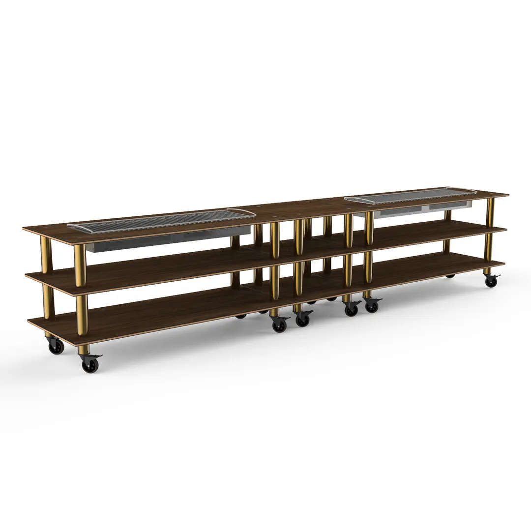 Steelite MGCMLD04WBXW 171" Modular Double Heat Buffet Table, 3-Tier, 29"D x 36"H, Bengali Mango Wood Top, Black Canopy