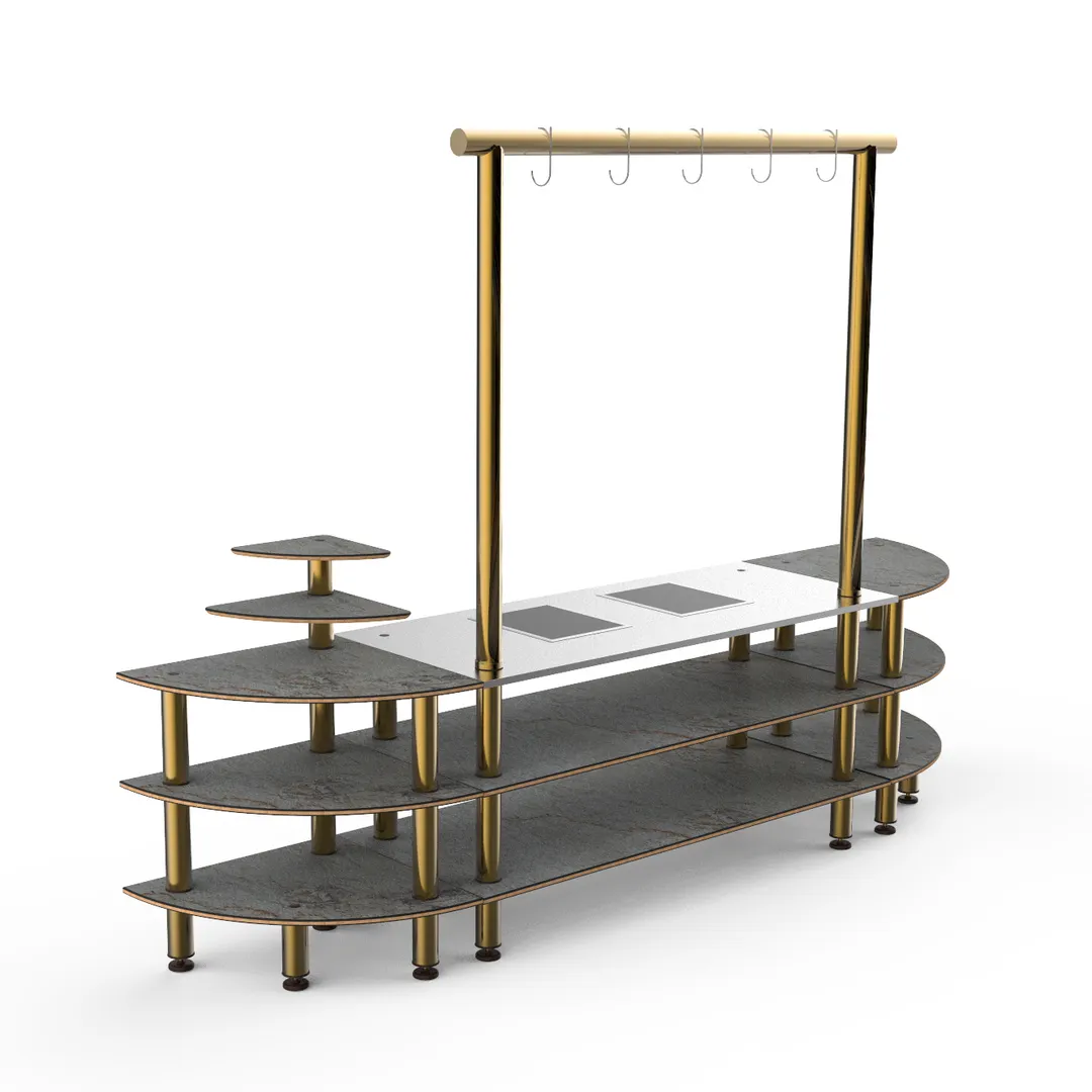 Steelite MGCMLD05GBXF 130" Modular Buffet Table, 3-Tier, Grey Slate BHP Laminate, Brushed Brass, 1800W
