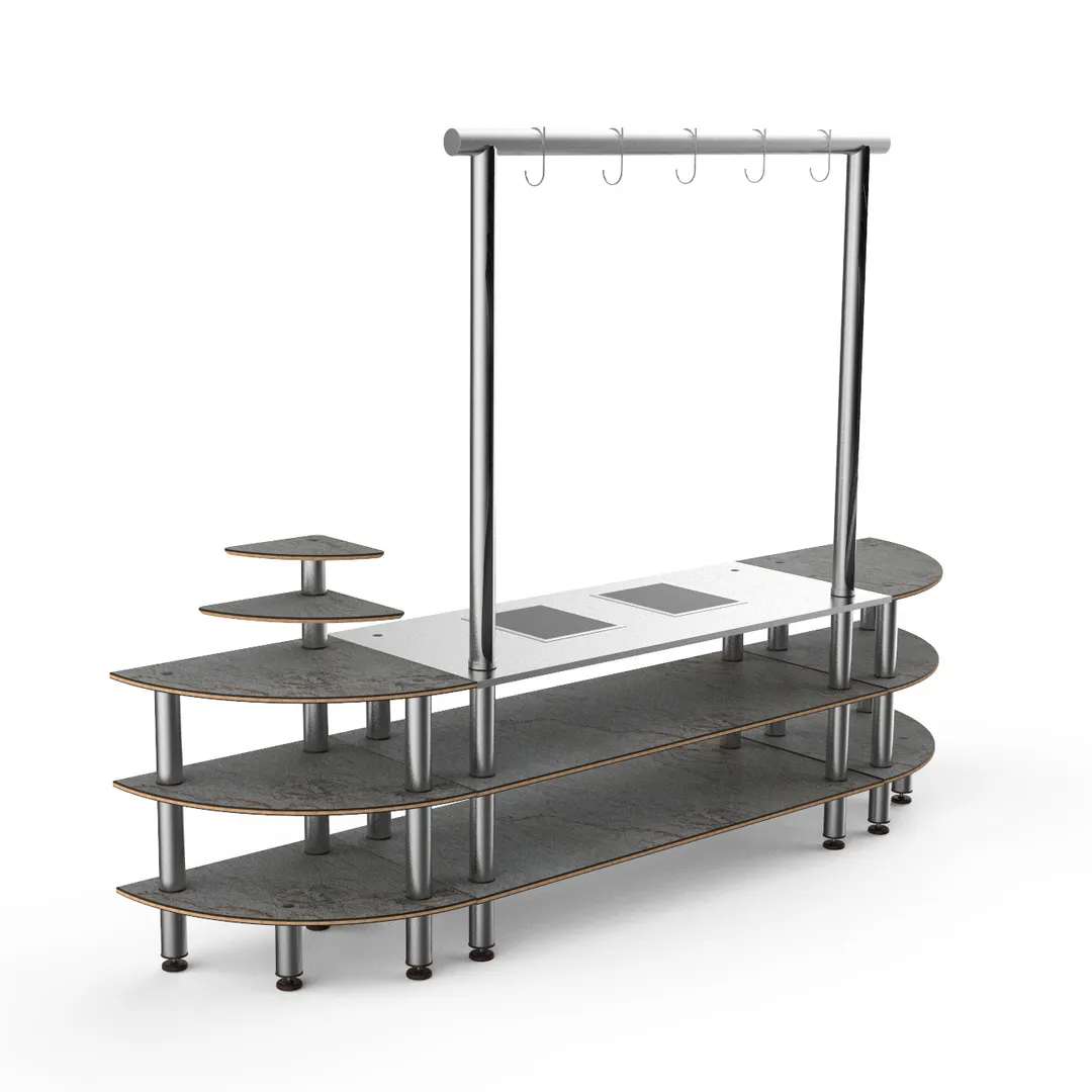 Steelite MGCMLD05GSXF 130" Modular Buffet Table, 3-Tier, Grey Slate Laminate Top, Brushed Stainless Steel Legs, 1800W, 120V
