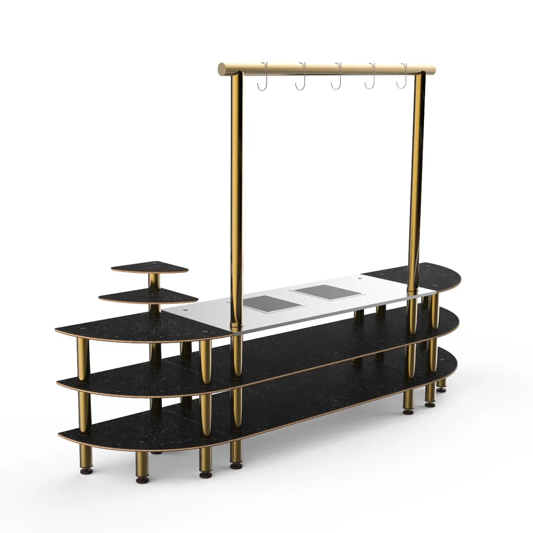 Steelite MGCMLD05MBXF 130" Modular Buffet Table, 3-Tier, Nero Marquina Marble BHP Laminate, Brushed Brass Legs, 1800W, 120V
